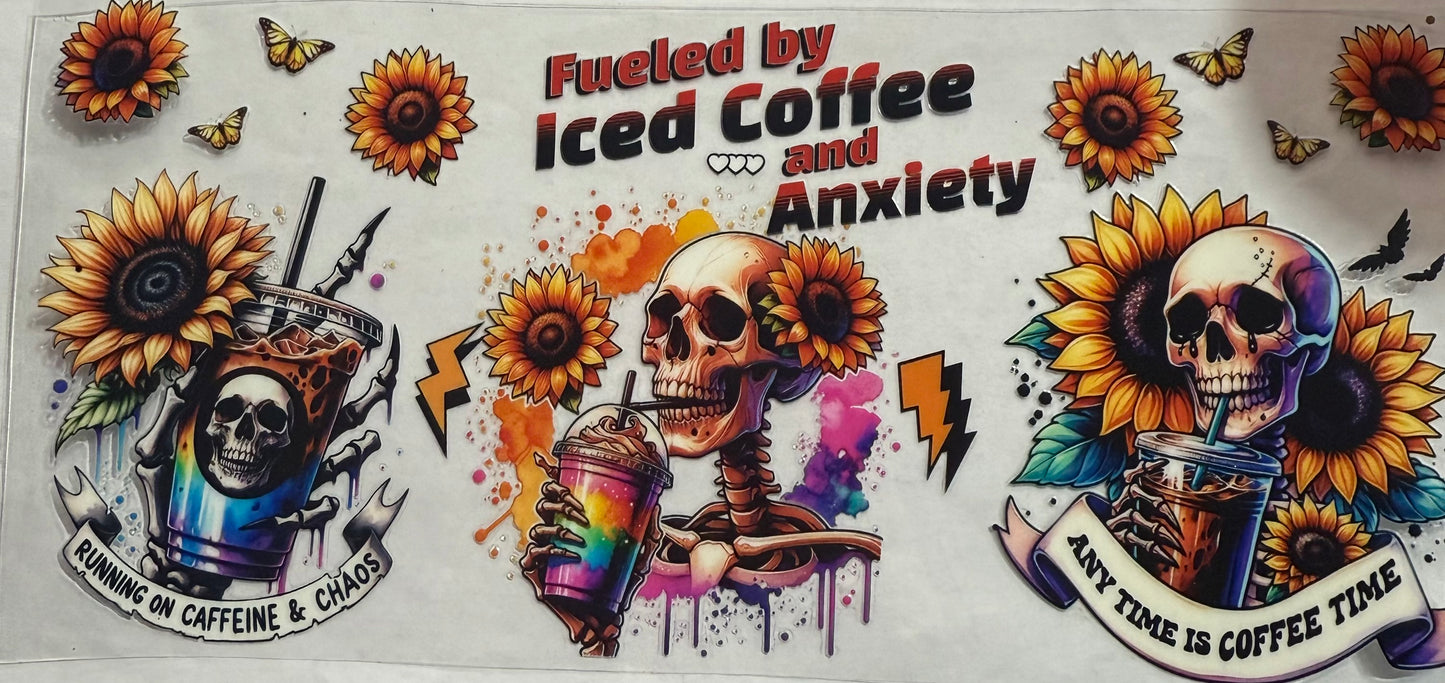 uvdtf transfer wrap sunflower Skull fueled by ice coffee