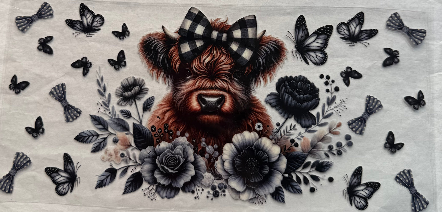 uvdtf transfer wrap highland cow black and white with plaid bow