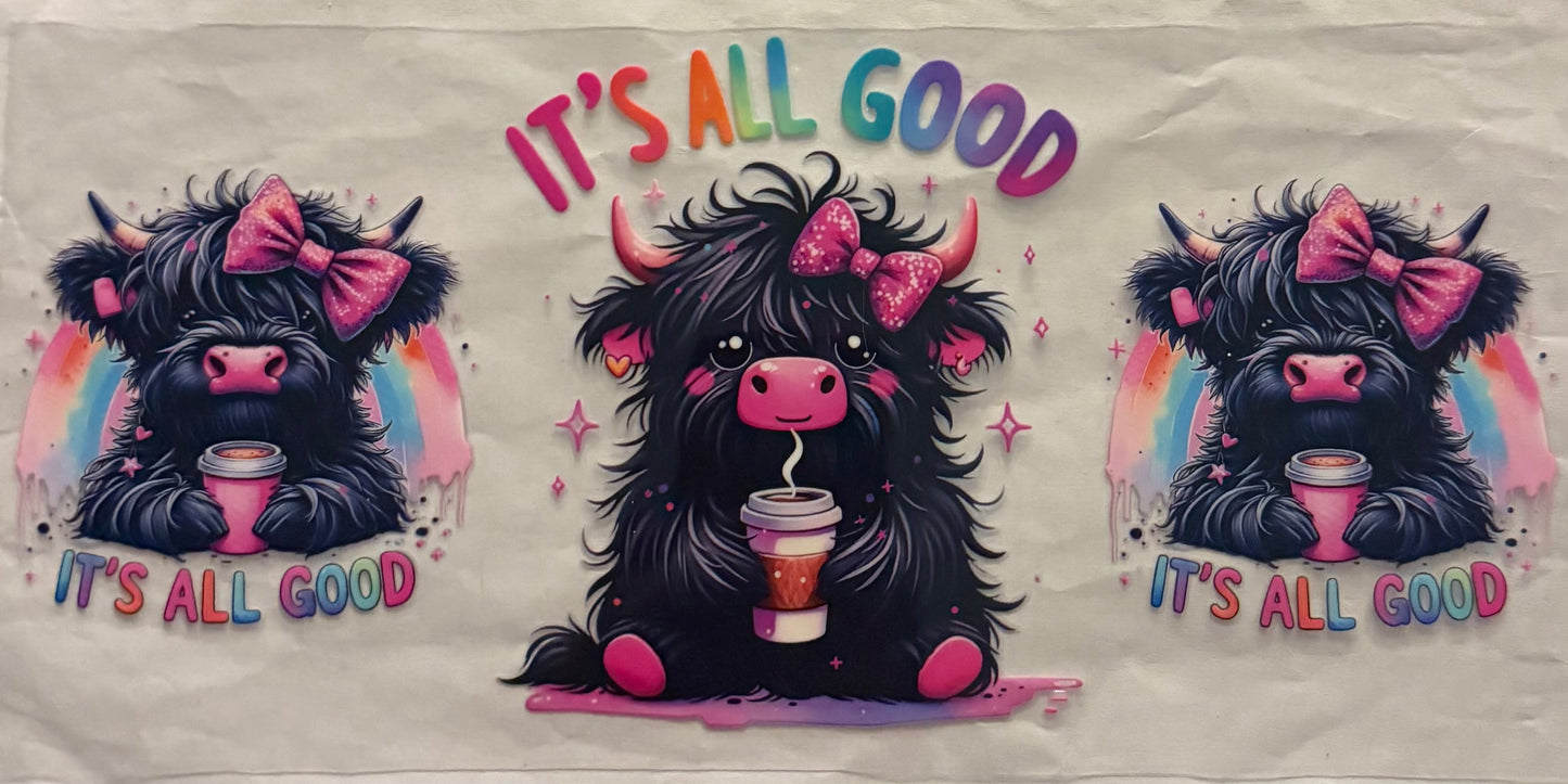 uvdtf transfer wrap highland cow it’s all good coffee rainbow