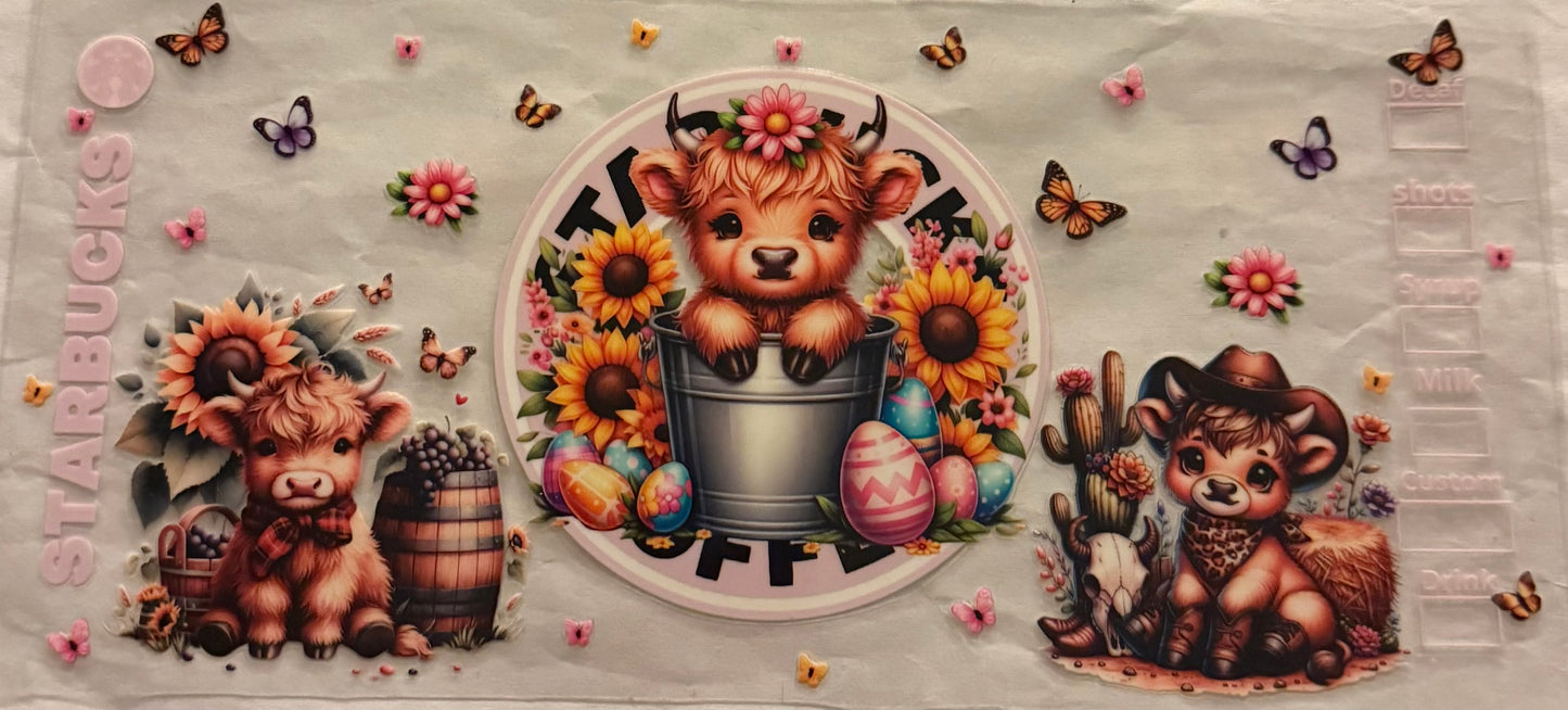 uvdtf transfer wrap Starbucks highland cow floral butterfly pink