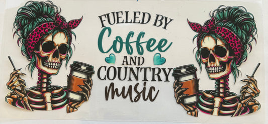 Cup wrap dtf skull fueled by coffee and country music