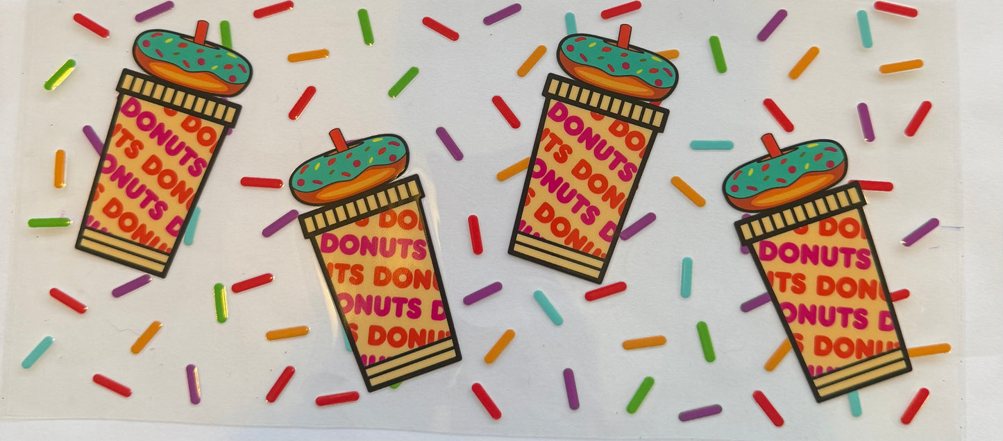 Cup wrap dtf Dunkin’ Donuts ice coffee with blue donuts and sprinkles