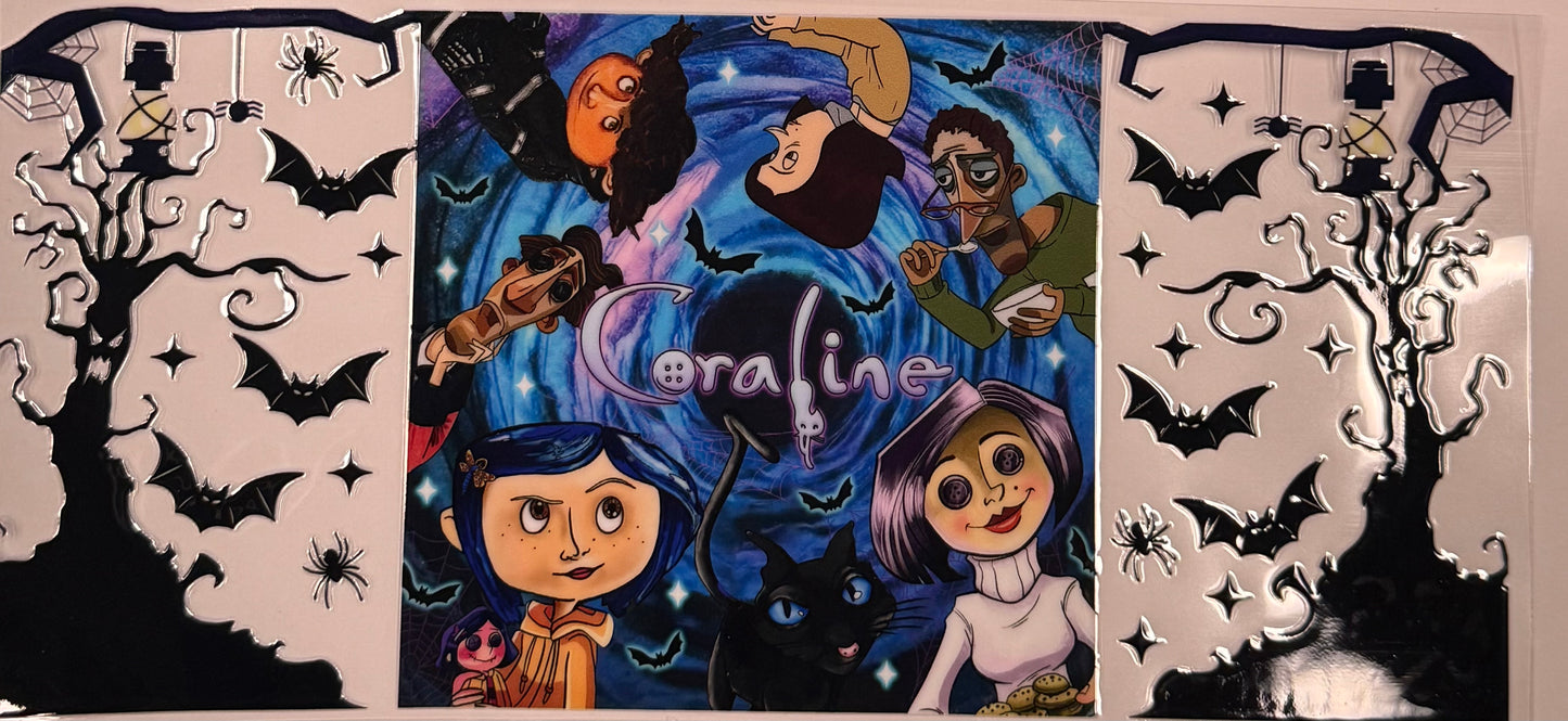 Cup wraps uvdtf Coraline with blue swirl background
