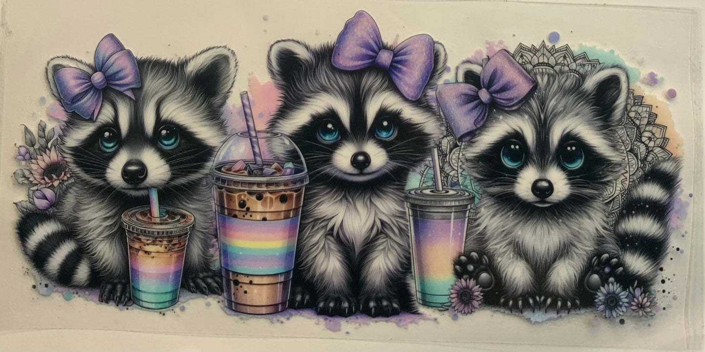 uvdtf transfer wrap raccoons with coffee