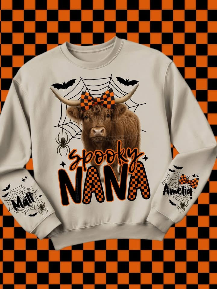 Custom sweater Halloween highland cow wifey,Nana or mama with names on sleeve