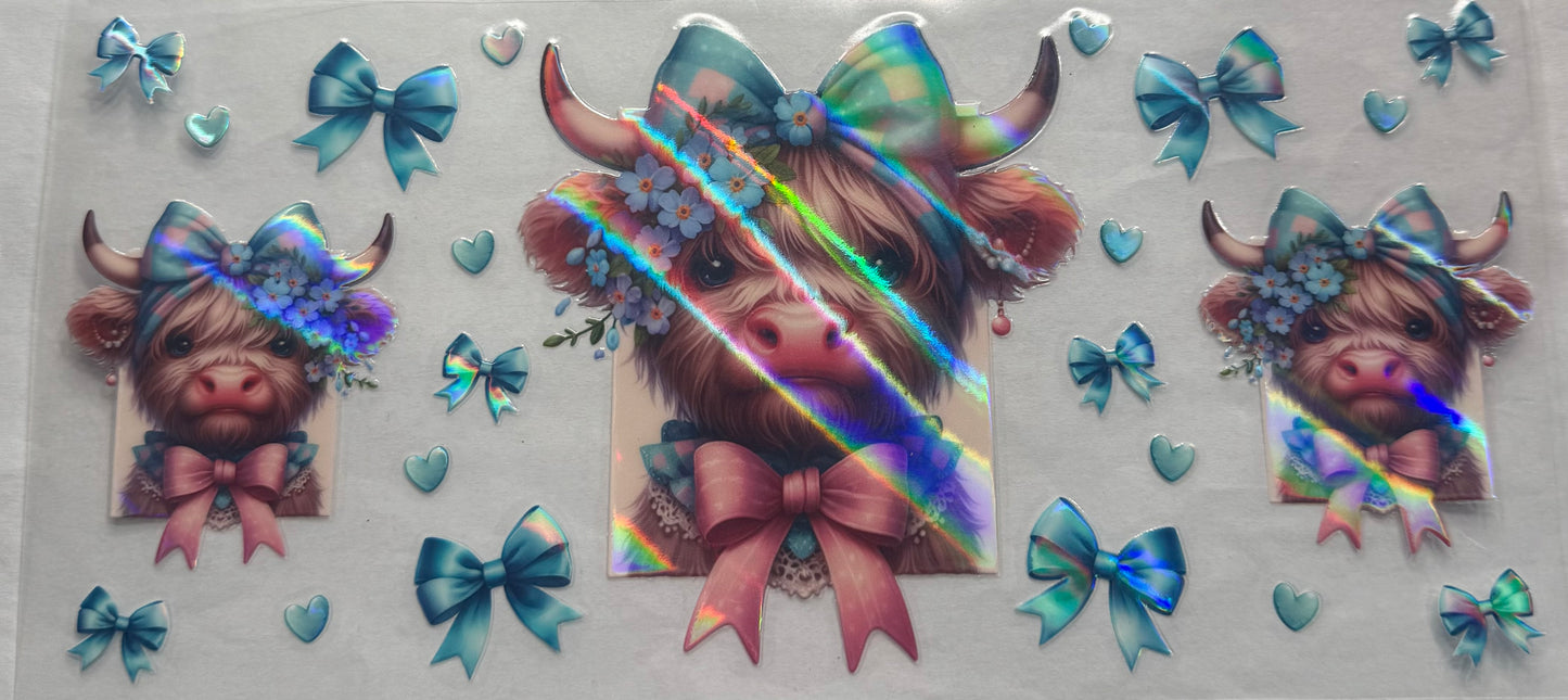 uvdtf  transfer wrap holo blue highland cow with bows