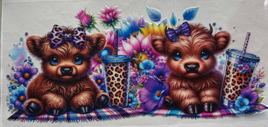 uvdtf  transfer wrap highland cows with rainbow sunflowers, and cheetah coffee cups