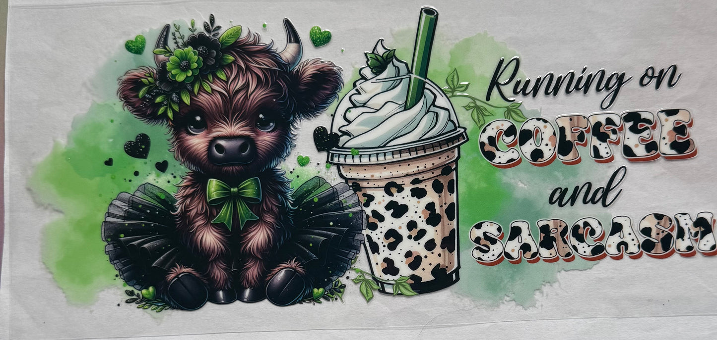 uvdtf  transfer wrap Highland cow running on coffee and sarcasm