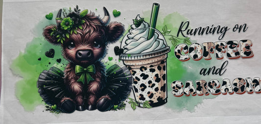 uvdtf  transfer wrap Highland cow running on coffee and sarcasm