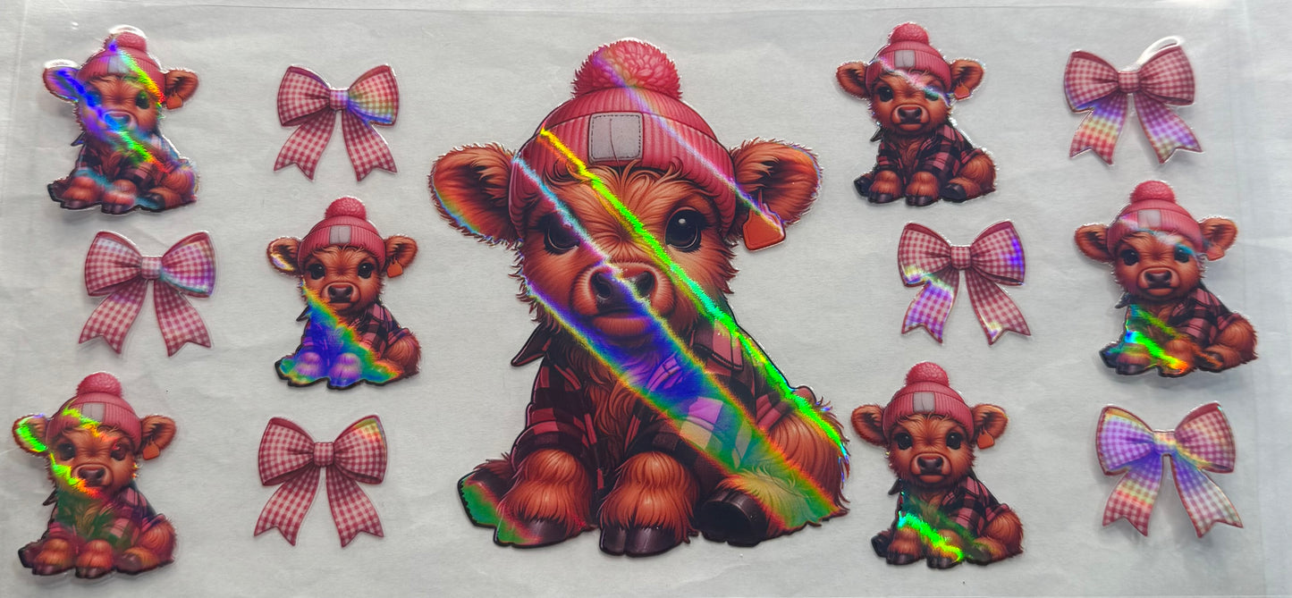 uvdtf  transfer wrap holo highland cow with hat pink bows