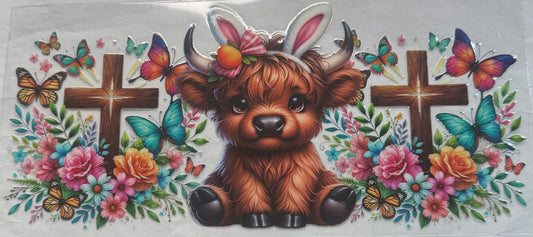 uvdtf  transfer wrap Easter highland cow with cross