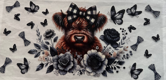 uvdtf  transfer wrap highland cow black and white with plaid bow