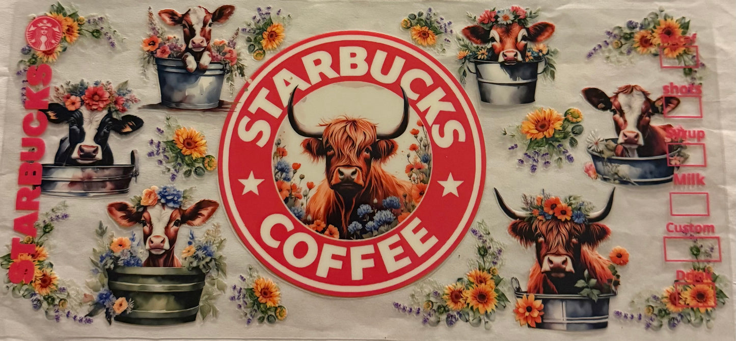uvdtf  transfer wrap Starbucks highland cow floral red