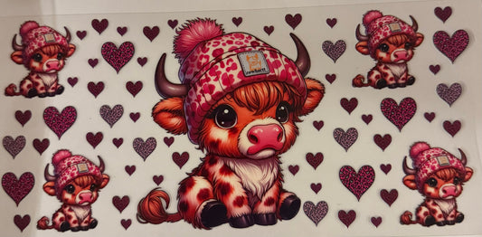 uvdtf  transfer wrap highland cow with hearts and pink Carhartt hat