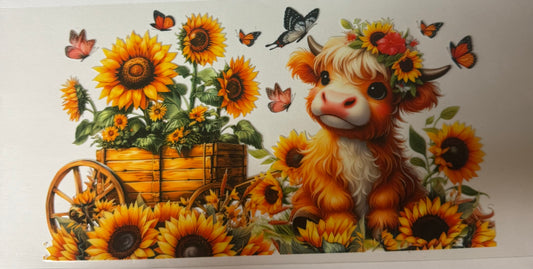 uvdtf  transfer wrap yellow highland cow sunflowers butterfly