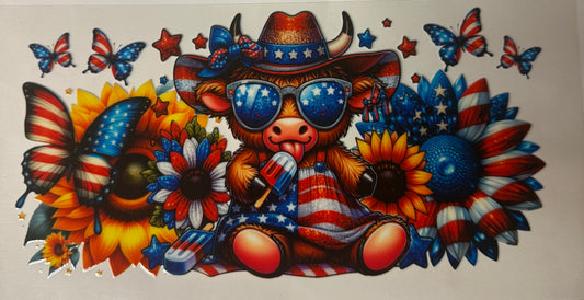 uvdtf  transfer wrap Americana highland cow with sunflowers and butterfly’s