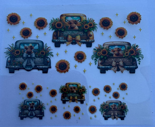 Uvdtf wraps Mini Stanley highland cows with sunflowers old trucks