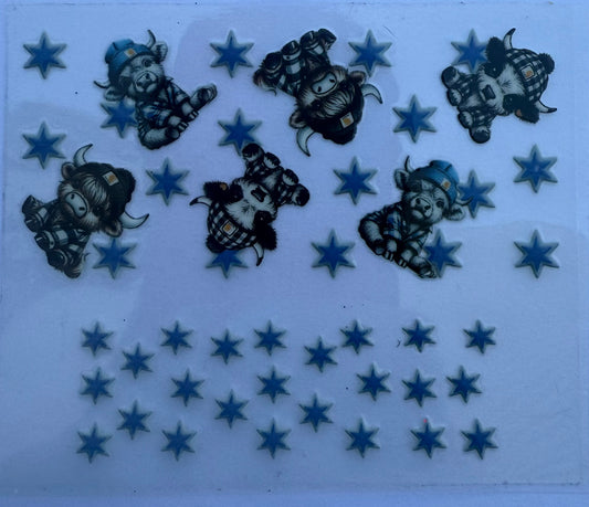Uvdtf wraps Mini Stanley highland cows with Carhart hats and stars