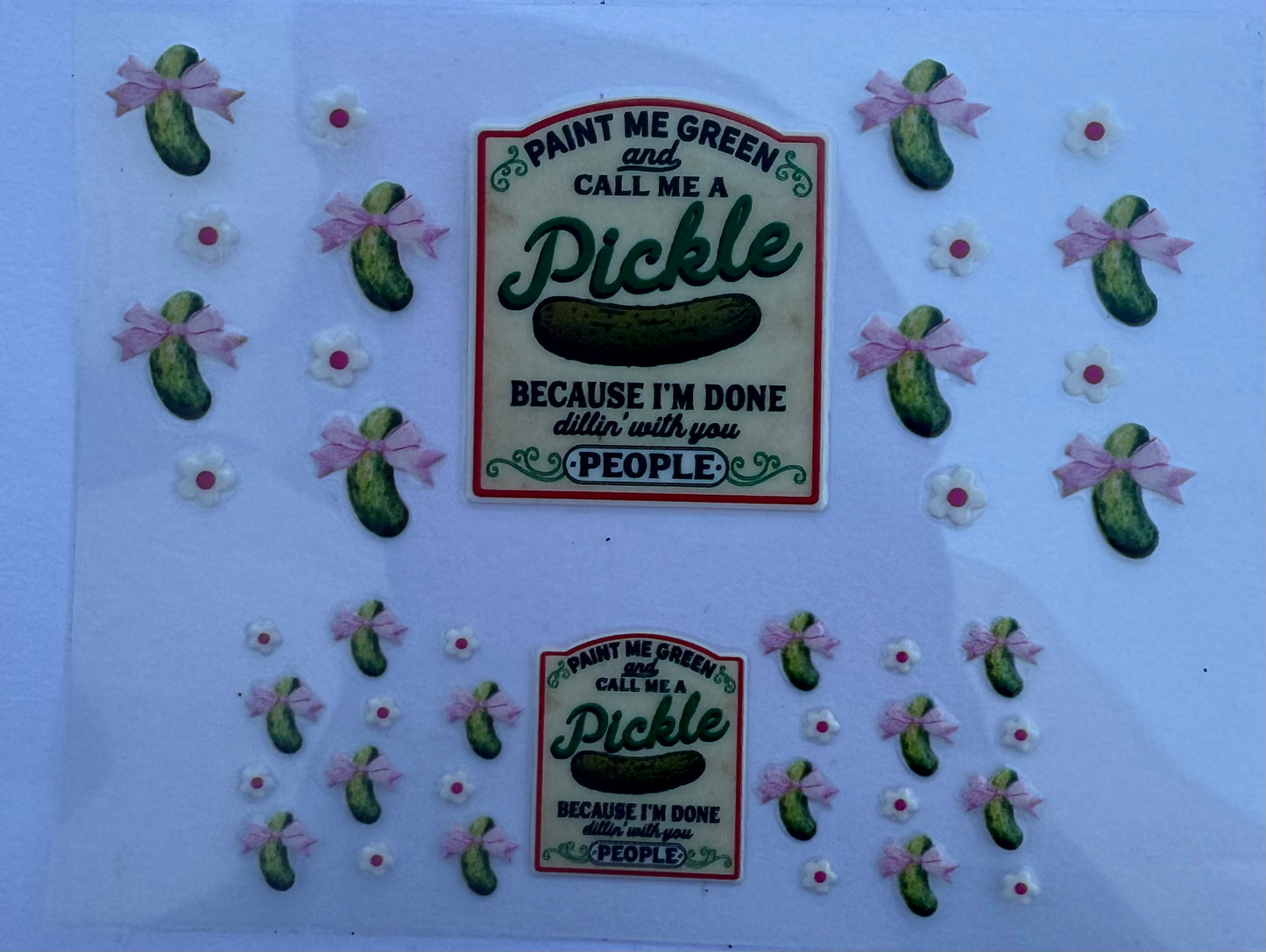 Uvdtf wraps Mini Stanley pickles with bows paint me green