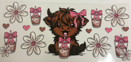 Cup wraps uvdtf highland cow drinking coffee wit white flowers