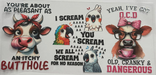 Cup wraps uvdtf animal theme naughty birds cow