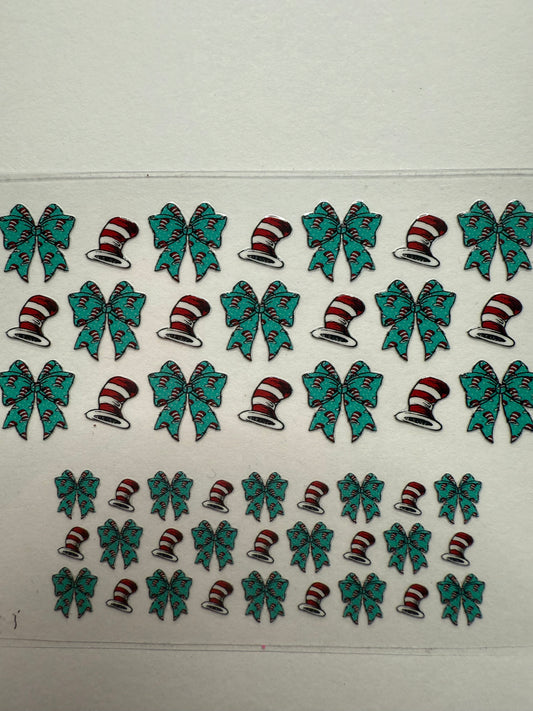 Uvdtf wraps Mini Stanley cat in the hat with teal bows