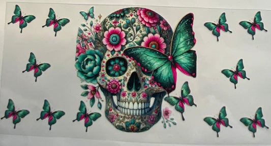 uvdtf  transfer wrap floral skull head with pink and green butterfly’s