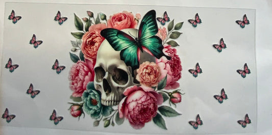 uvdtf  transfer wrap skull with green butterfly and pink floral