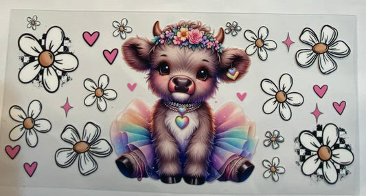 uvdtf  transfer wrap highland cow with rainbow tutu and white floral