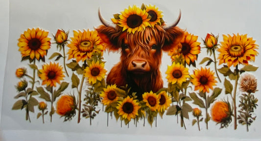 uvdtf  transfer wrap highland cow in sunflower theme