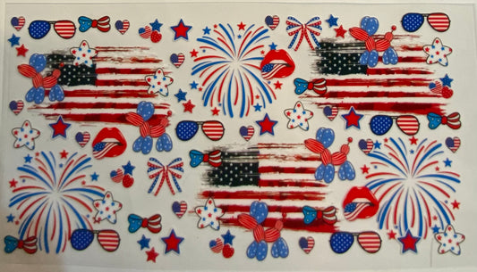 uvdtf  transfer wrap Americana 4th of July with flags sunglasses fireworks
