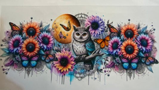uvdtf  transfer wrap blue owl sunflowers