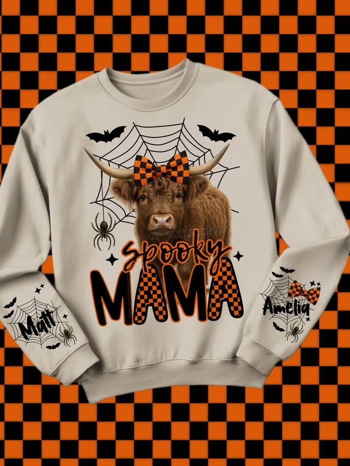 Custom sweater  Halloween highland cow wifey,Nana or mama with names on sleeve