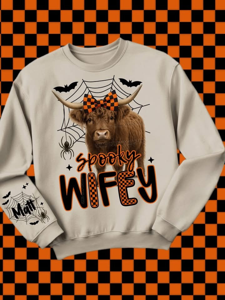 Custom sweater  Halloween highland cow wifey,Nana or mama with names on sleeve