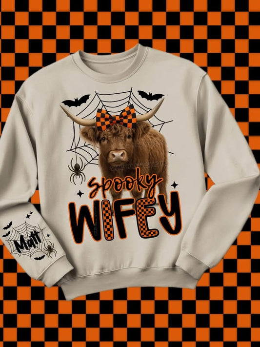 Custom sweater  Halloween highland cow wifey,Nana or mama with names on sleeve