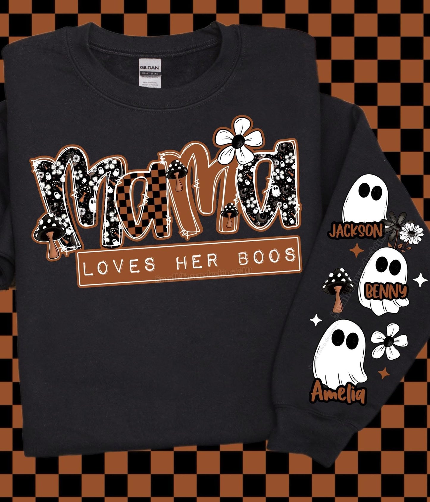 Custom sweater with mama loves her boo and custom name ghost up sleeve
