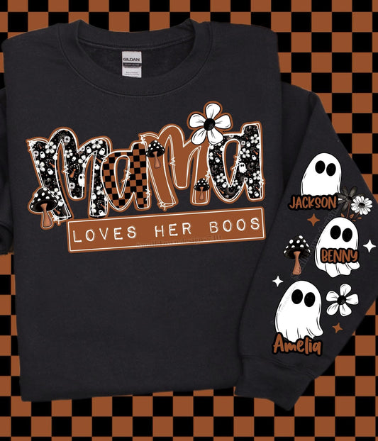 Custom sweater with mama loves her boo and custom name ghost up sleeve