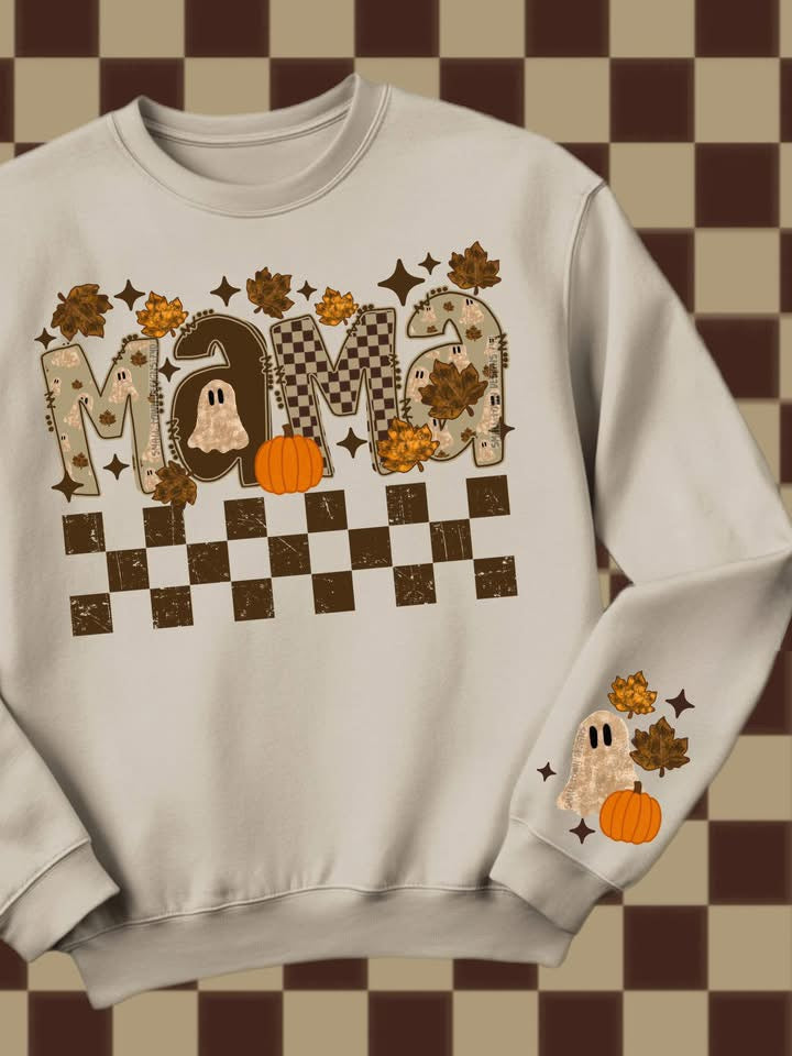 Custom clothing sweater with mama saying Halloween ghost and pumpkins