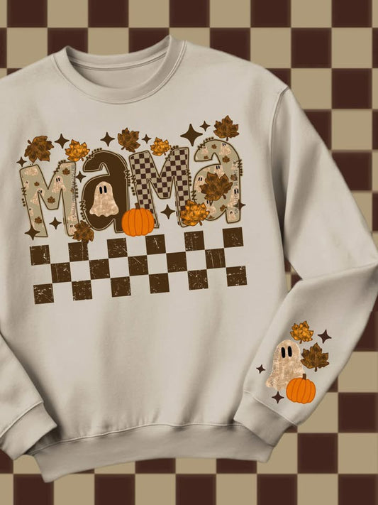 Custom clothing sweater with mama saying Halloween ghost and pumpkins
